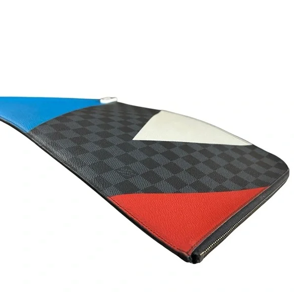 Authentic Louis Vuitton Damier Cobalt Red Blue & White Leather Cup Large Clutch - Picture 10 of 12